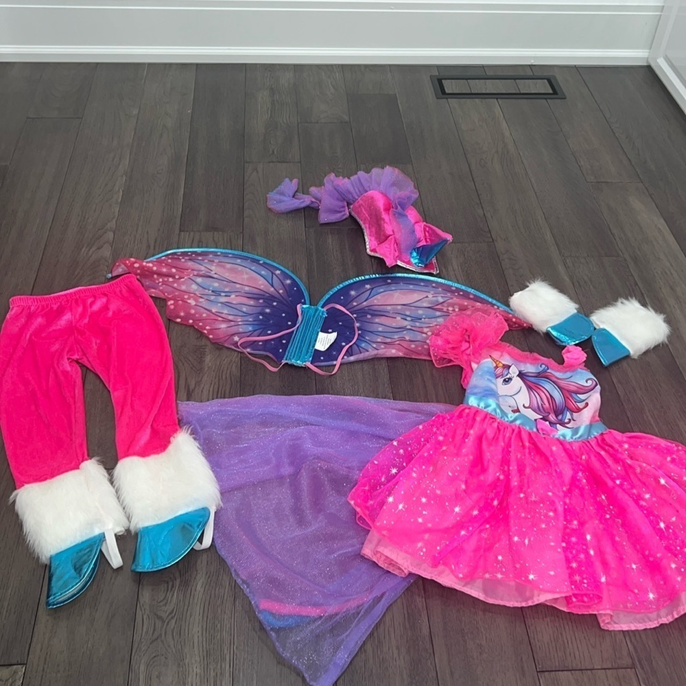 Toddler Unicorn fairy costume with wings, hat,hooves, velvet, sheer, faux fur